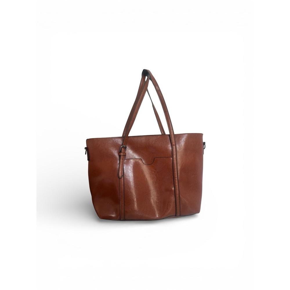 Large Brown Faux Leather Tote Bag Minimalist Shoulder Handbag Pre-Owne
